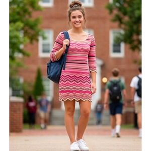 Candies Chevron Knit Mini Dress 3/4 Sleeve Scalloped Hem Small Y2K Boho Chic